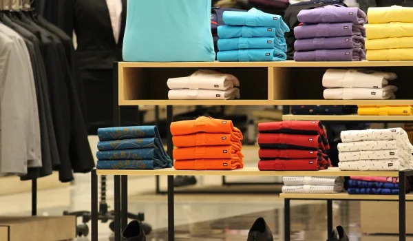 Neatly folded colorful shirts on display shelves in a retail clothing store.