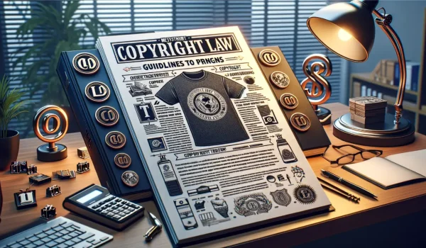 A well-organized desk with a detailed infographic on copyright law, surrounded by office supplies and legal-themed decor.